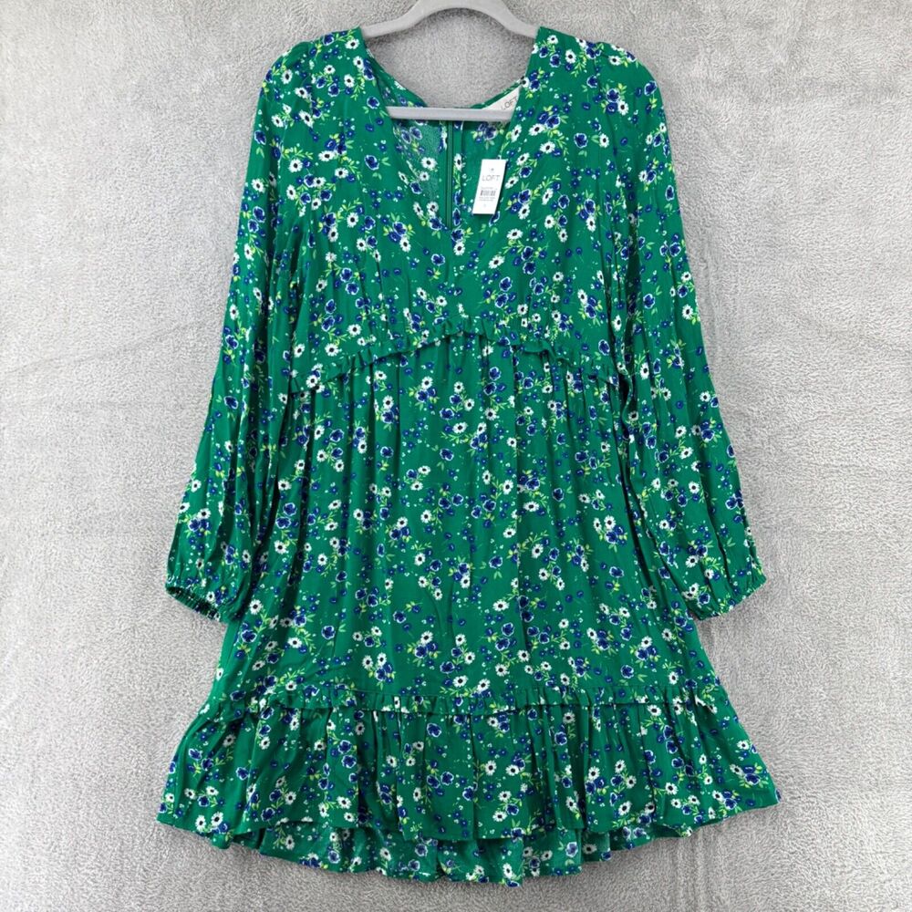 LOFT Dress Womens 6 Green Floral Babydoll Rifle Tiered Empire Waist Long V-Neck